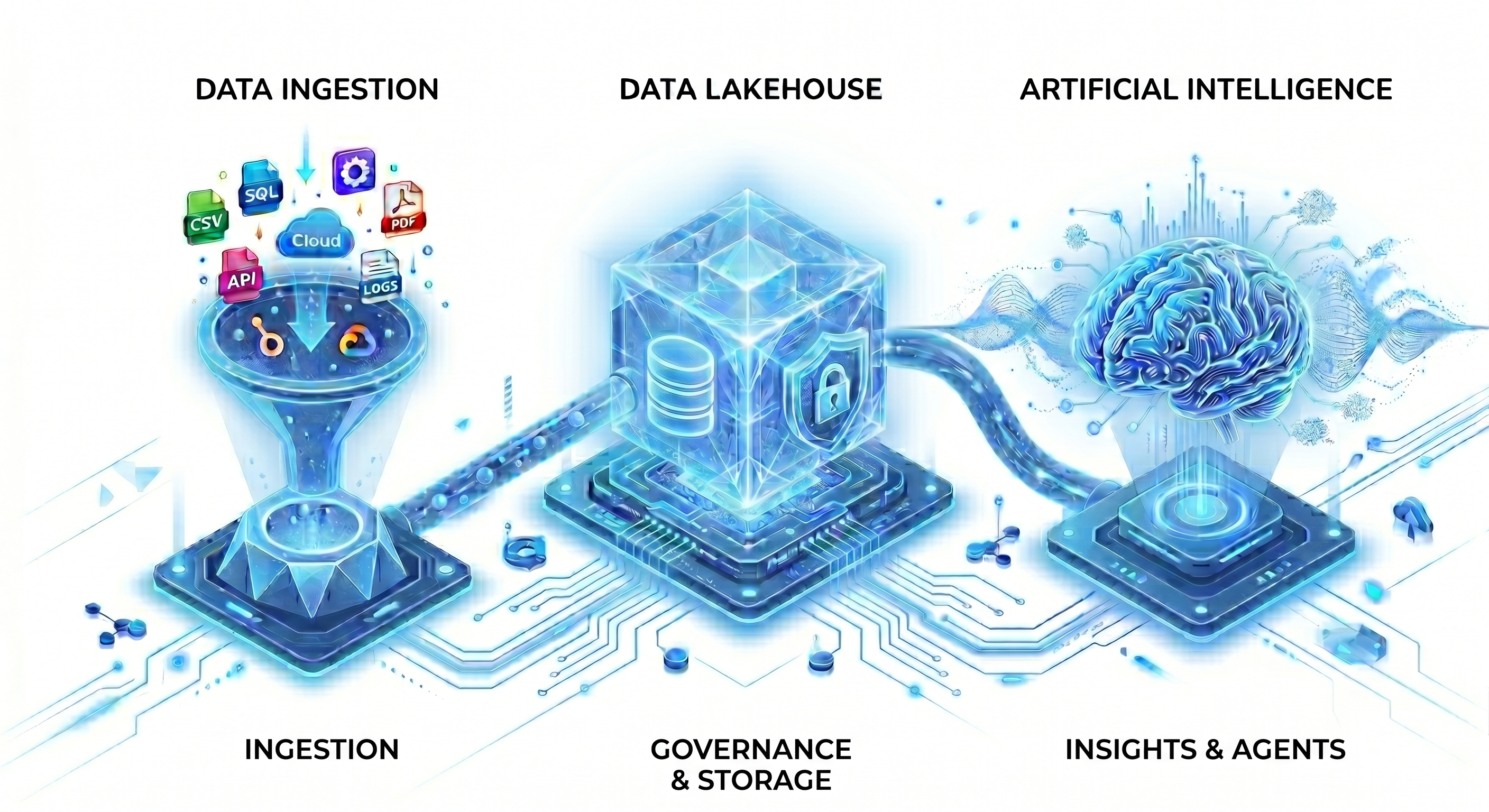 AI platform infographic for businesses showing data flow: heterogeneous ingestion, Data Lakehouse storage, and AI agent insights.