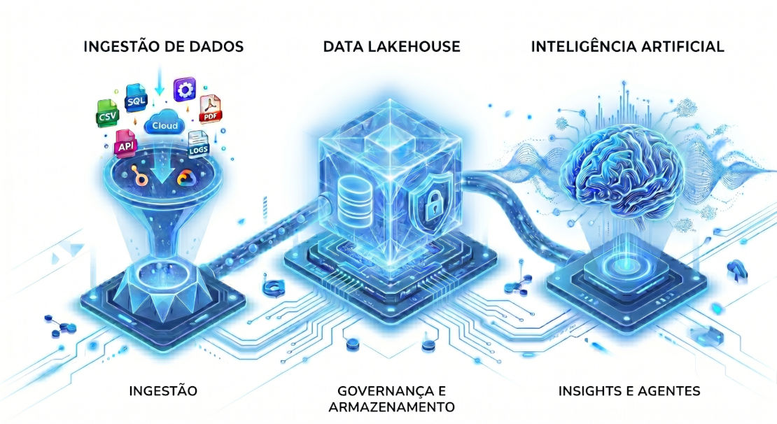 Infográfico de plataforma de IA para empresas mostrando o fluxo de dados: ingestão de fontes heterogêneas, armazenamento em Data Lakehouse com IA e geração de insights com agentes de IA.